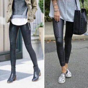 SPANX Faux Leather Moto Leggings Black Women's Size Small Sculpted Fit‎